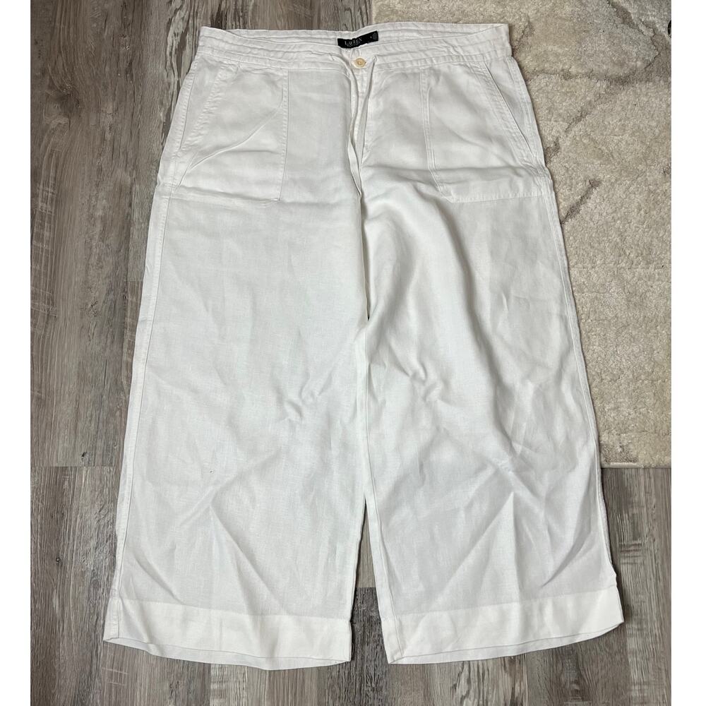 Lauren Ralph Lauren White Linen Wide Leg Crop Pants Women’s 18 Old Money Chic - Picture 2 of 10